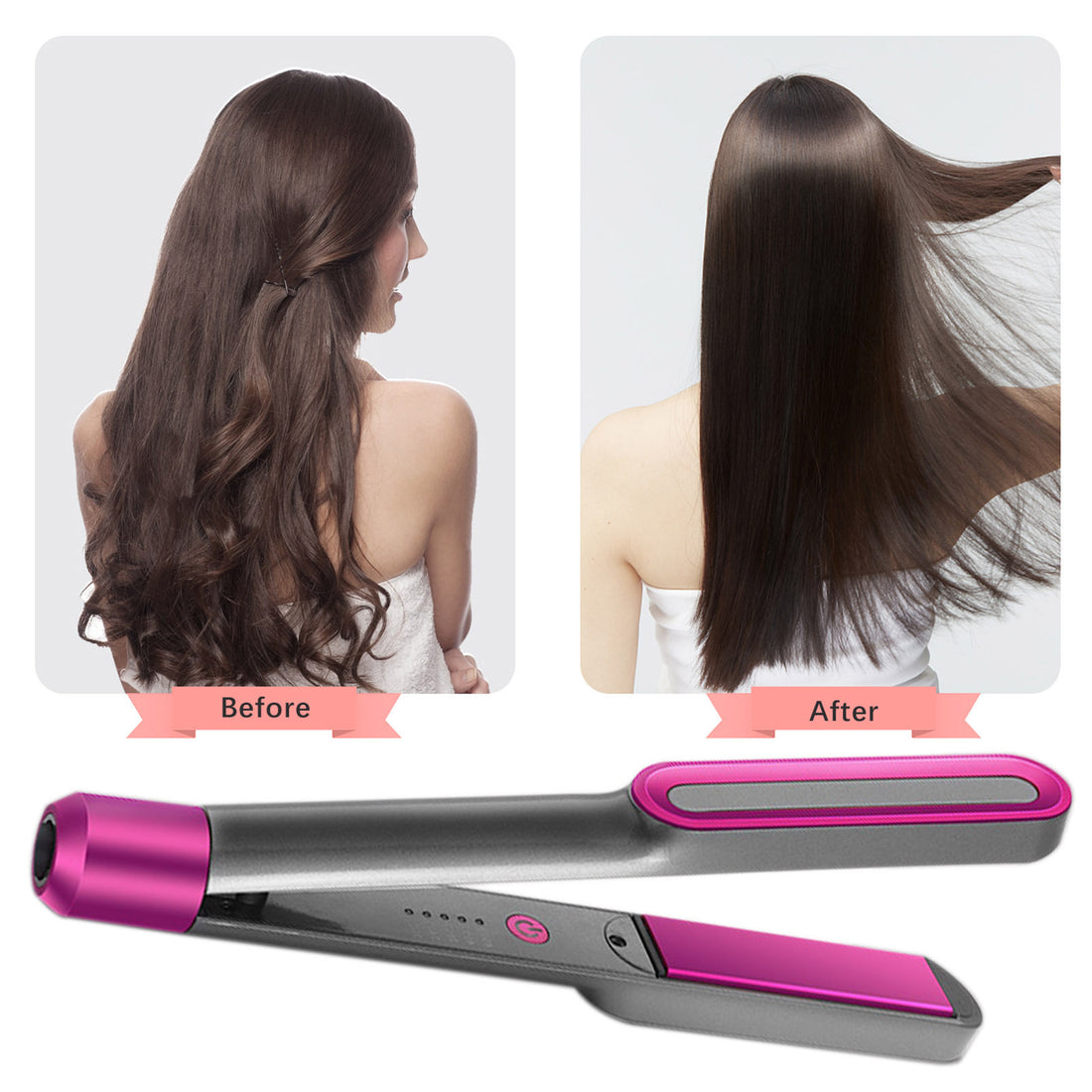 Warm curling hair straightener: before and after comparison of sleek straight hair with the curling tool.