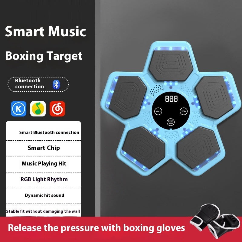 Smart music boxing target with Bluetooth connection and boxing gloves on a dark background