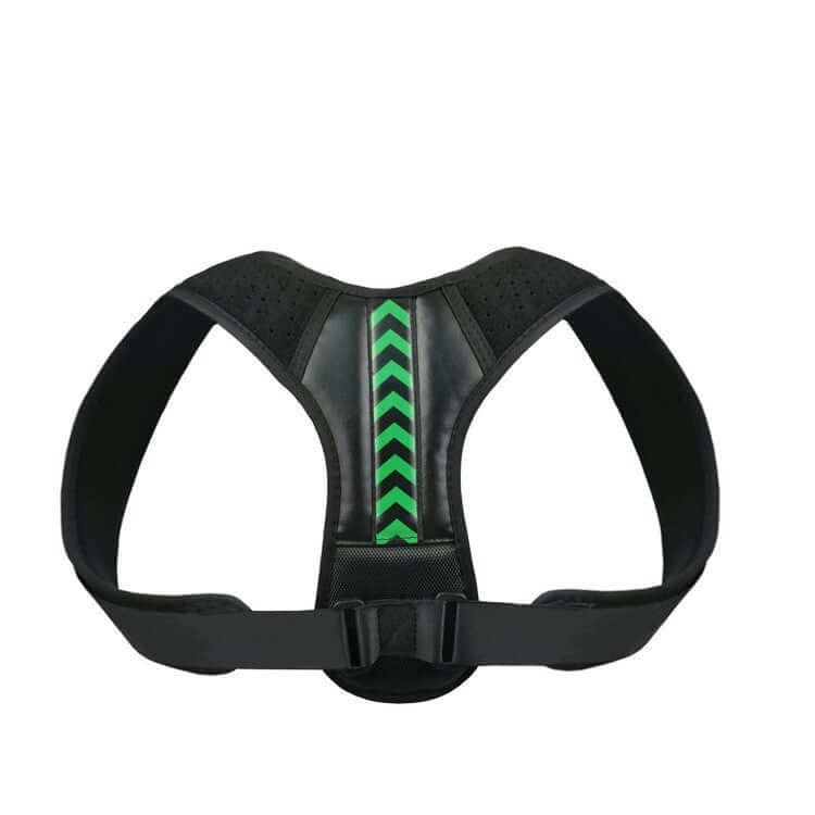 Black posture corrector with green accents on a white background
