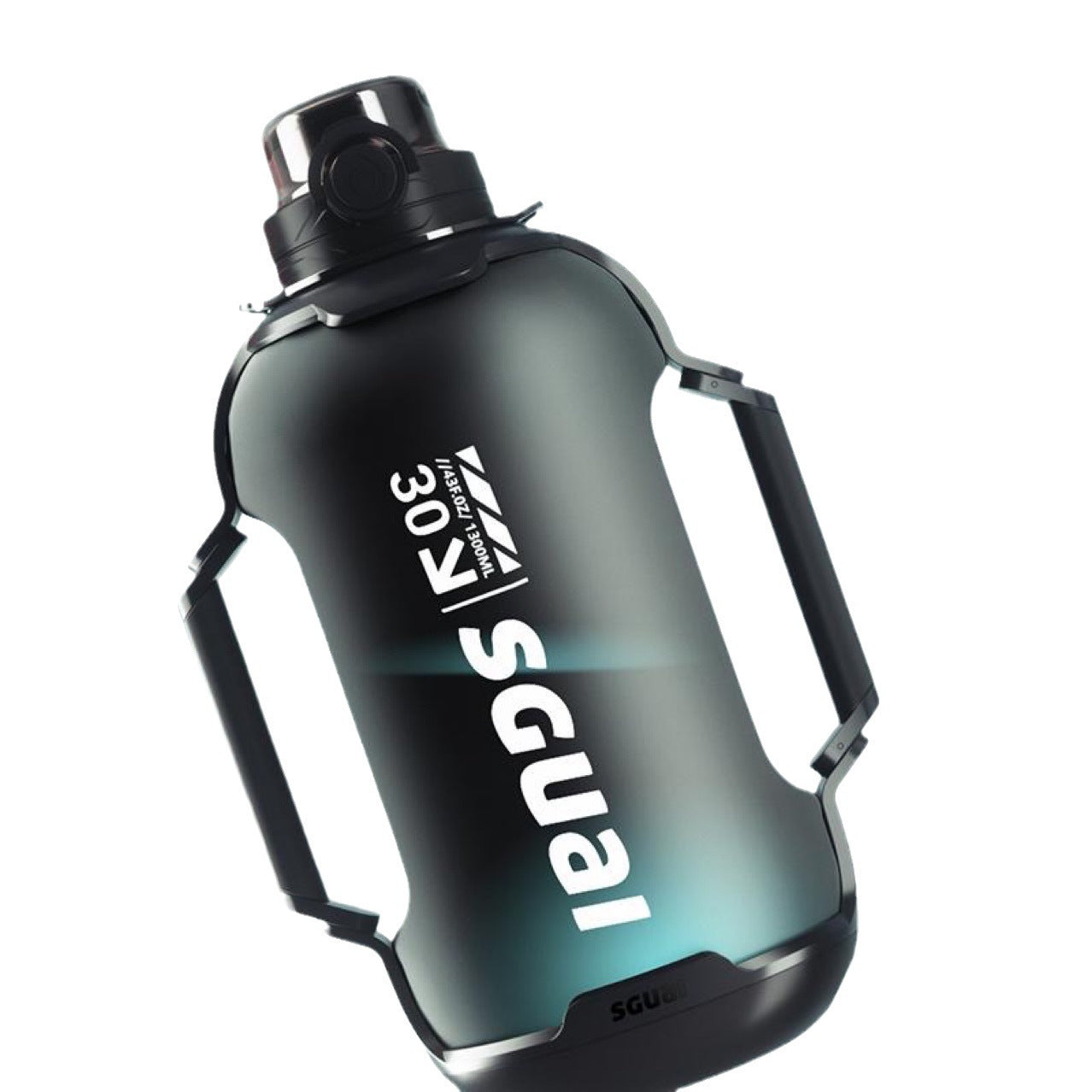 Black water bottle with handle and visible branding on a white background