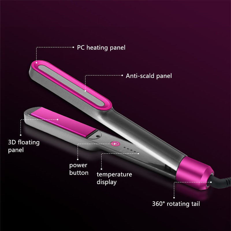 Warm curling hair straightener with PC heating panel, anti-scald design, temperature display, and 360° rotating tail.