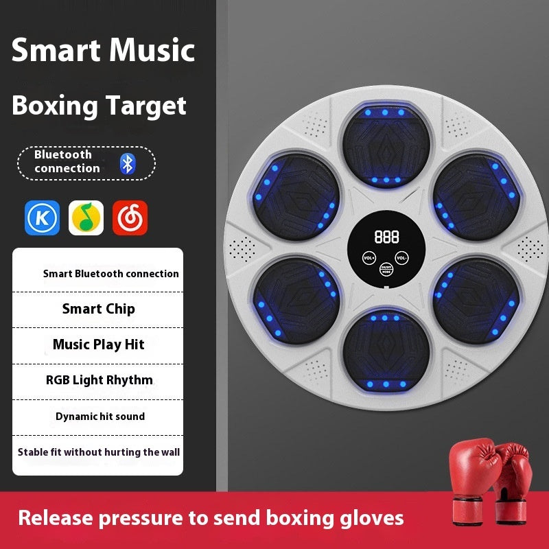 Smart music boxing target with Bluetooth connection and boxing gloves on a gray background