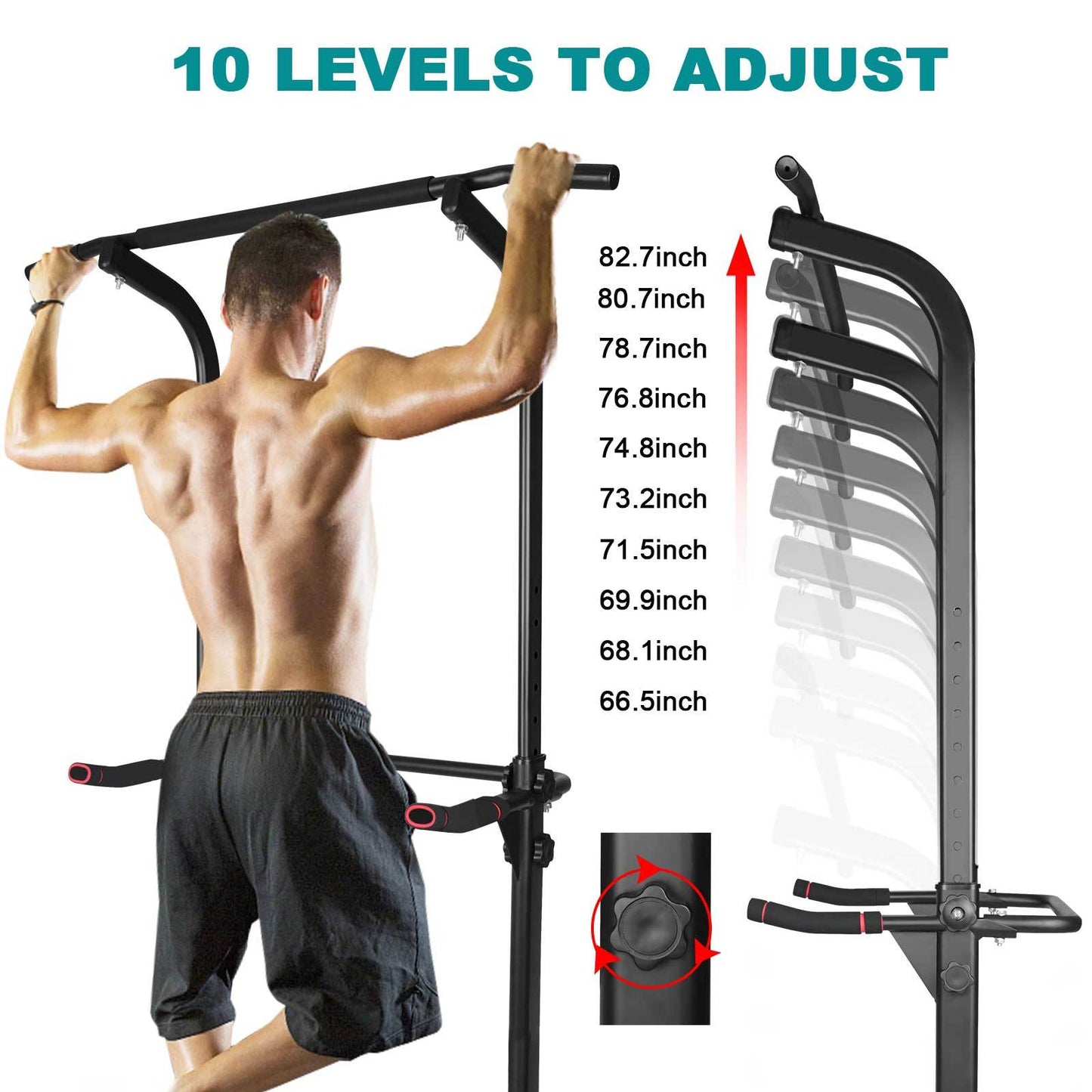 Man using a pull-up bar with adjustable height settings shown on a white background