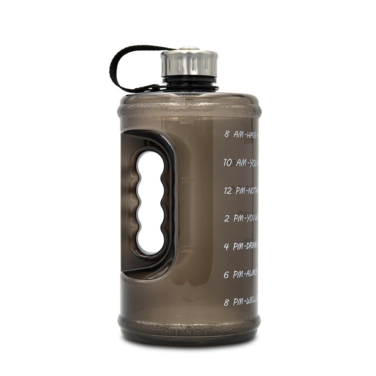 Brown water bottle with measurement markings on a white background