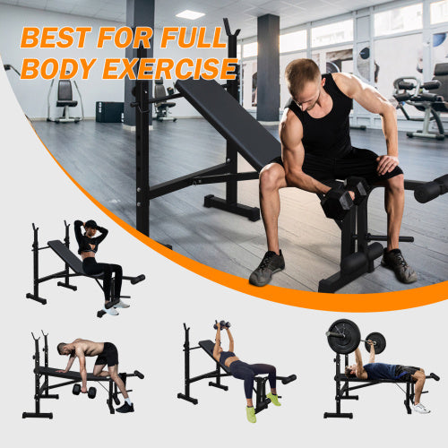 Person using a weight bench with additional images of the bench in use on a white background.