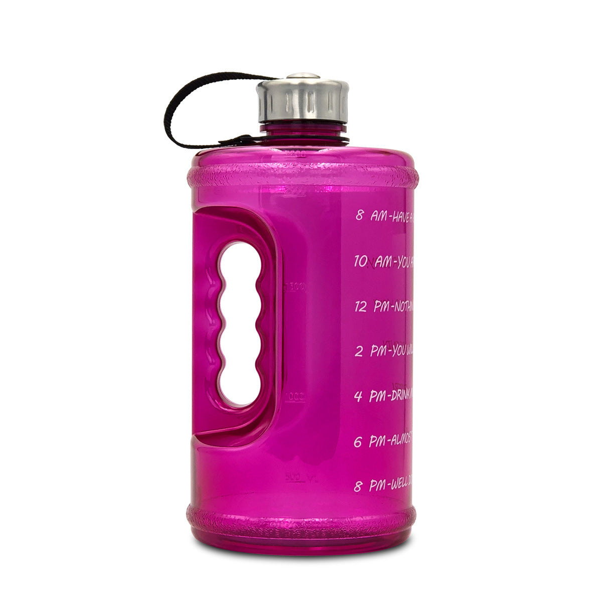 Pink water bottle with time markings on a white background