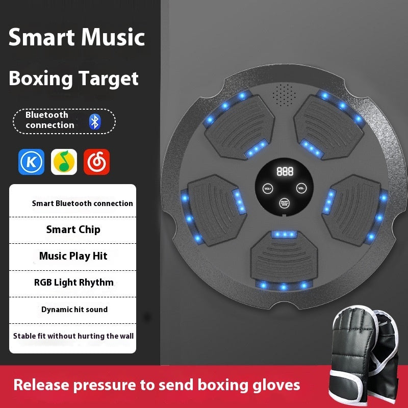 Smart music boxing target with Bluetooth connection and boxing gloves on a gray background