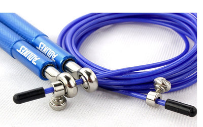 Blue jump rope with silver connectors on a white background