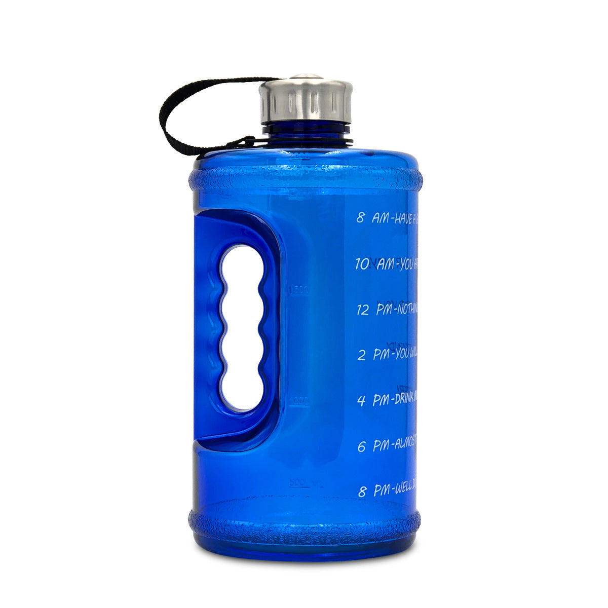 Blue water bottle with time markings on a white background