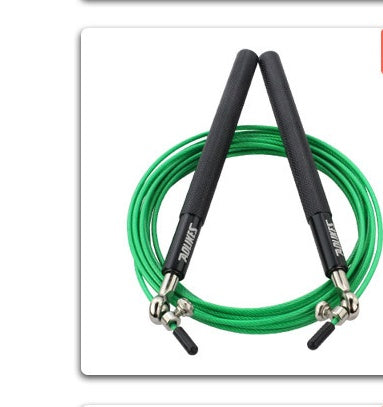 Green jump rope with black handles on a white background