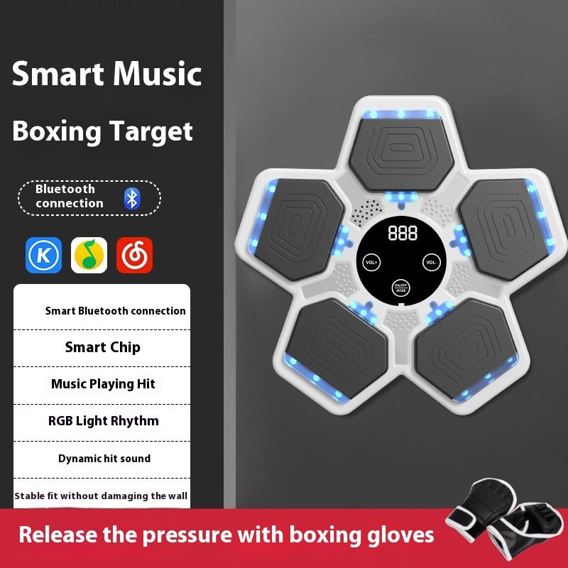 Smart music boxing target with Bluetooth connection and boxing gloves on a dark background