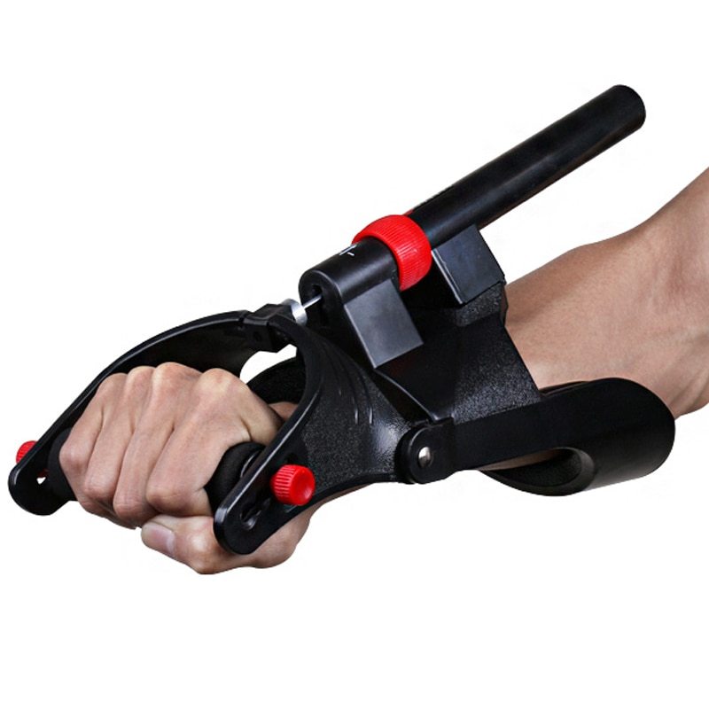 Hand using a black wrist and forearm exercise device with red knobs on a white background