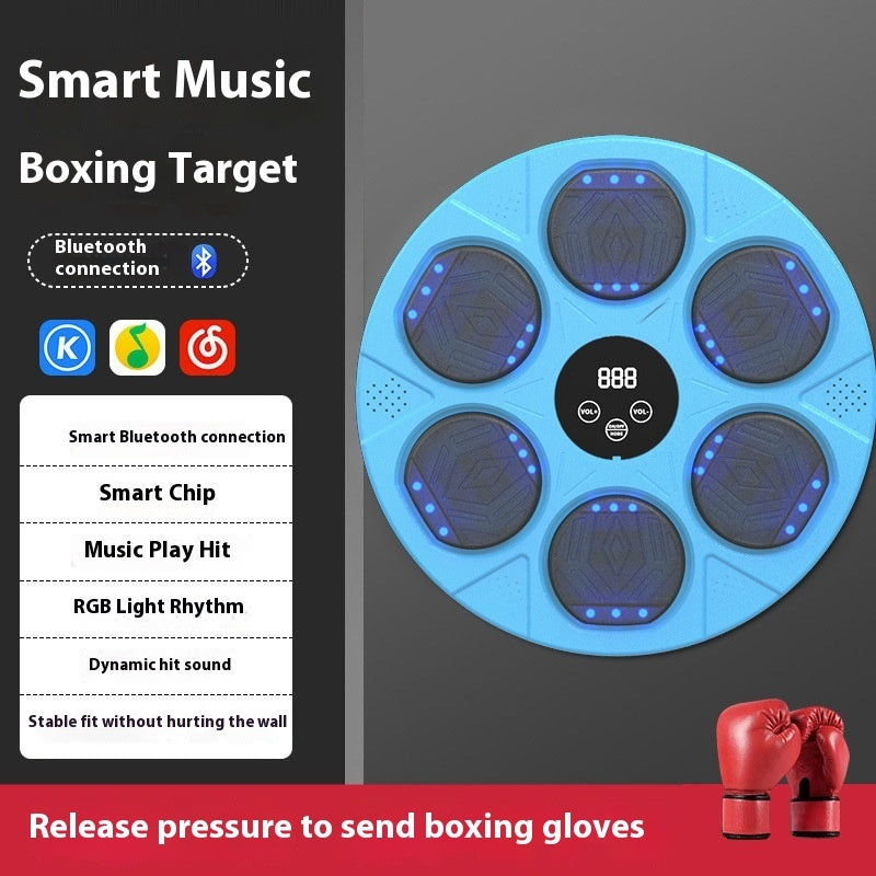Smart music boxing target with Bluetooth connection and red boxing gloves on a gray background