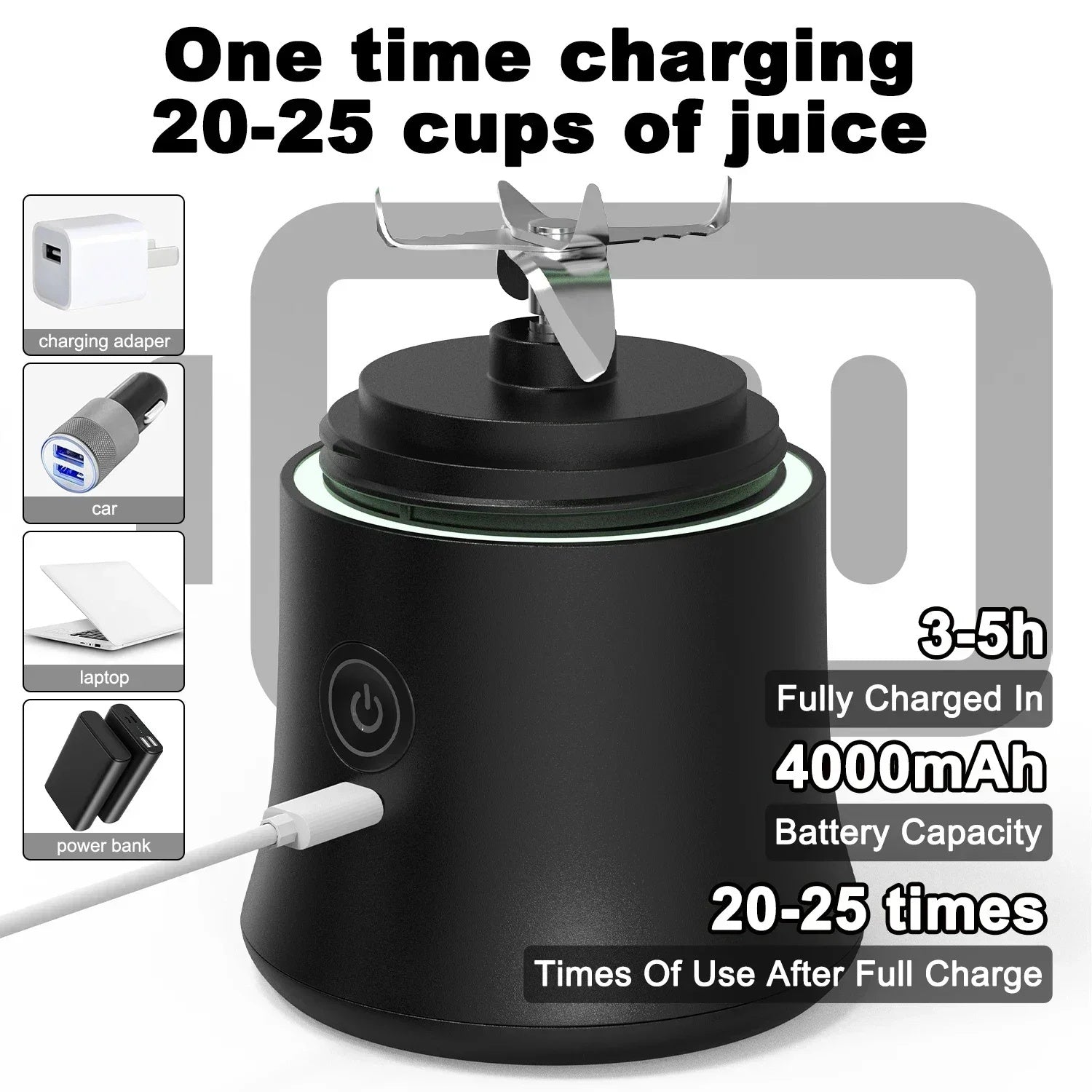 Portable Blender 600ML Electric with 4000mAh battery charging for 20-25 cups of juice.