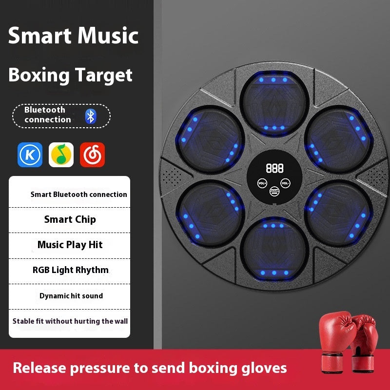 Smart music boxing target with Bluetooth connection and red boxing gloves on a gray background