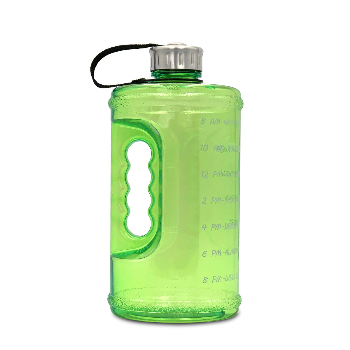 Green water bottle with measurement markings on a white background