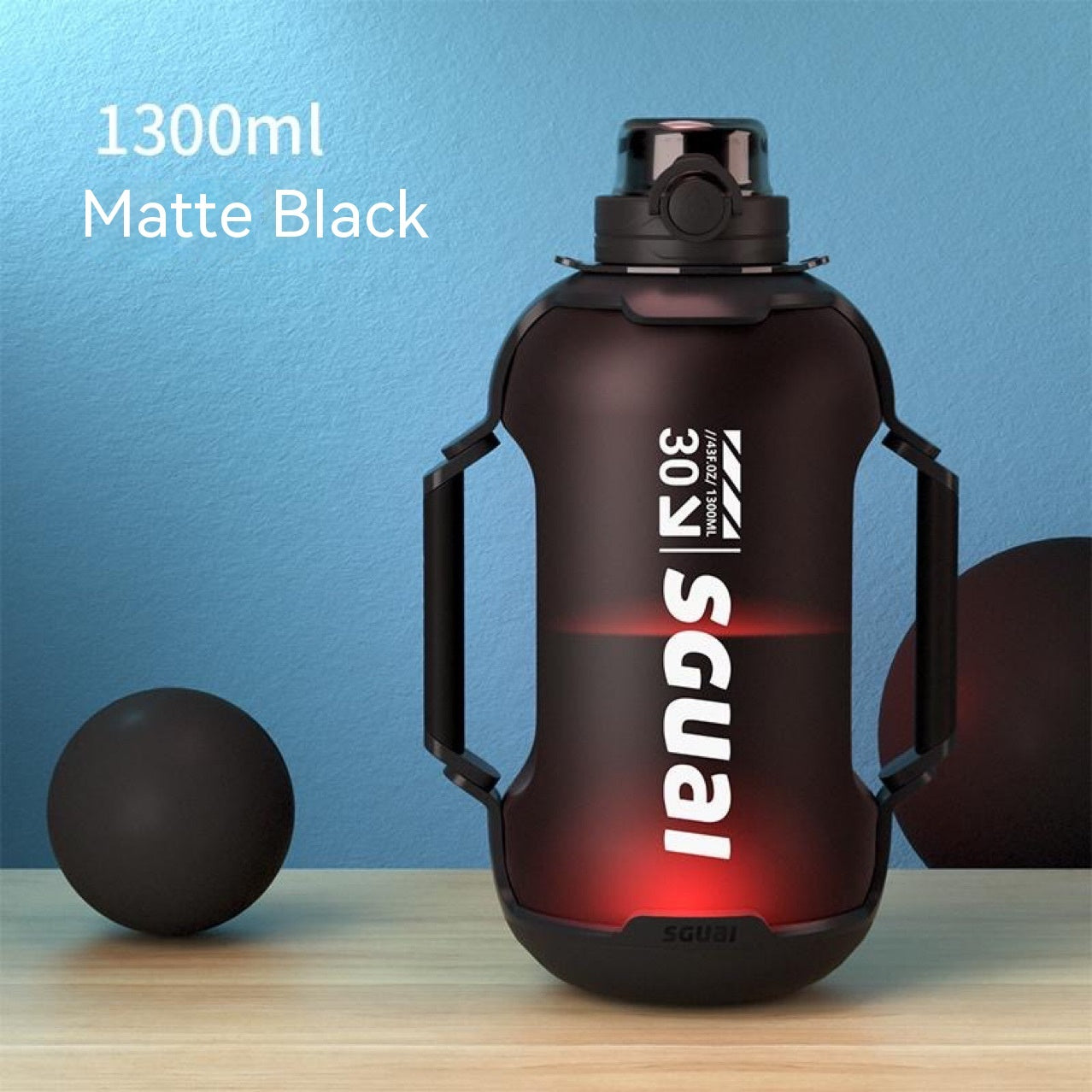 303 SGUAI water bottle with a black ball on a blue background