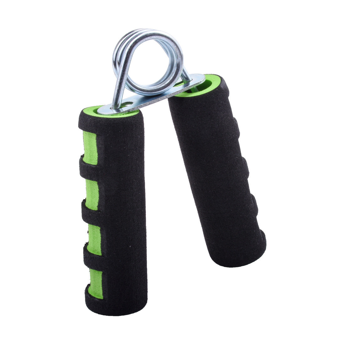 Pair of black and green hand grippers on a white background