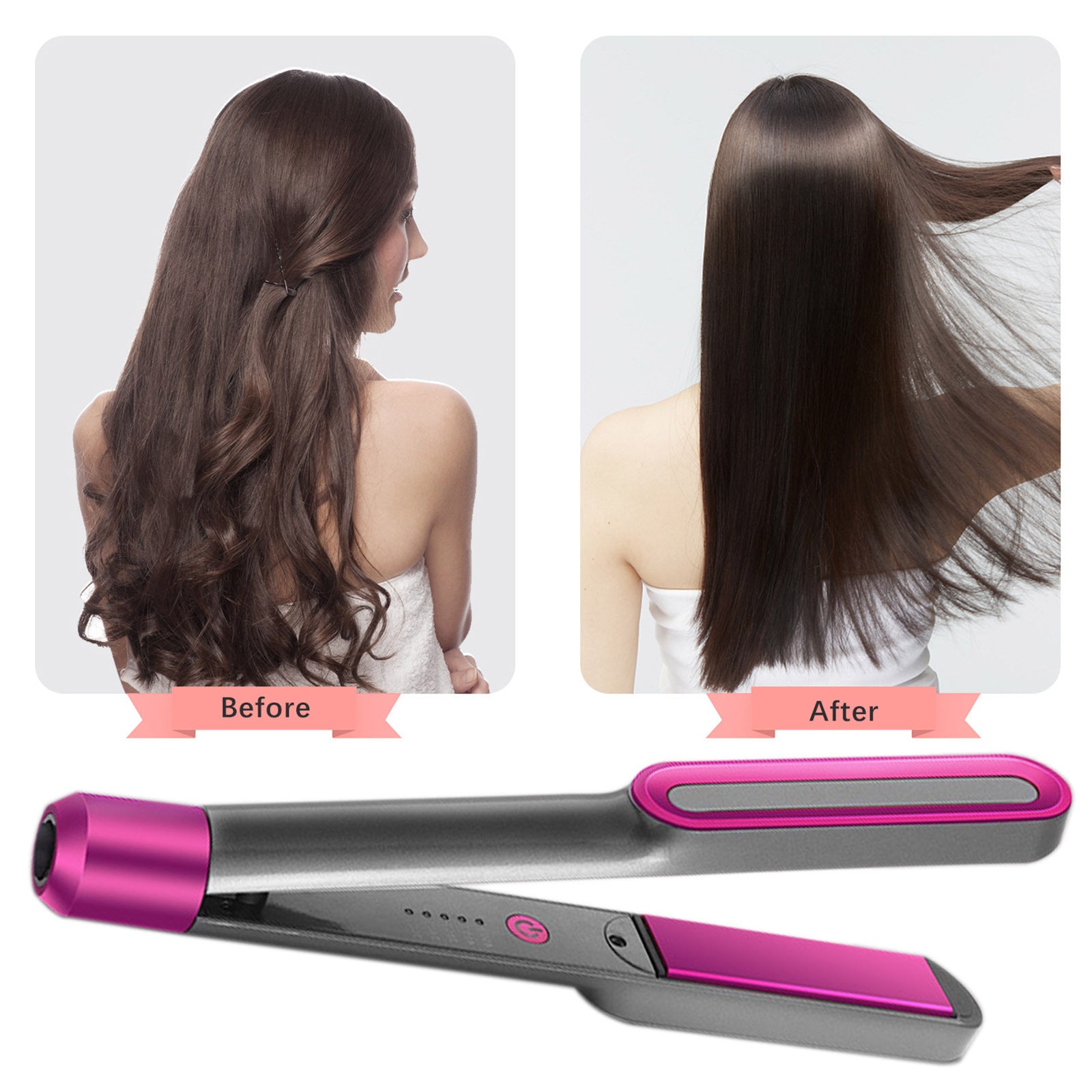 Warm curling hair straightener: before and after comparison of sleek straight hair with the curling tool.