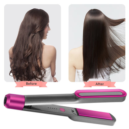 Warm curling hair straightener: before and after comparison of sleek straight hair with the curling tool.