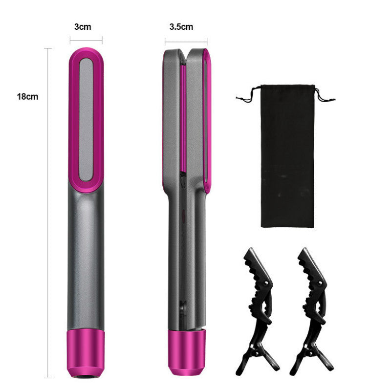 Warm curling hair straightener with ergonomic design, includes two hair clips and storage bag, dimensions: 18cm x 3cm x 3.5cm.