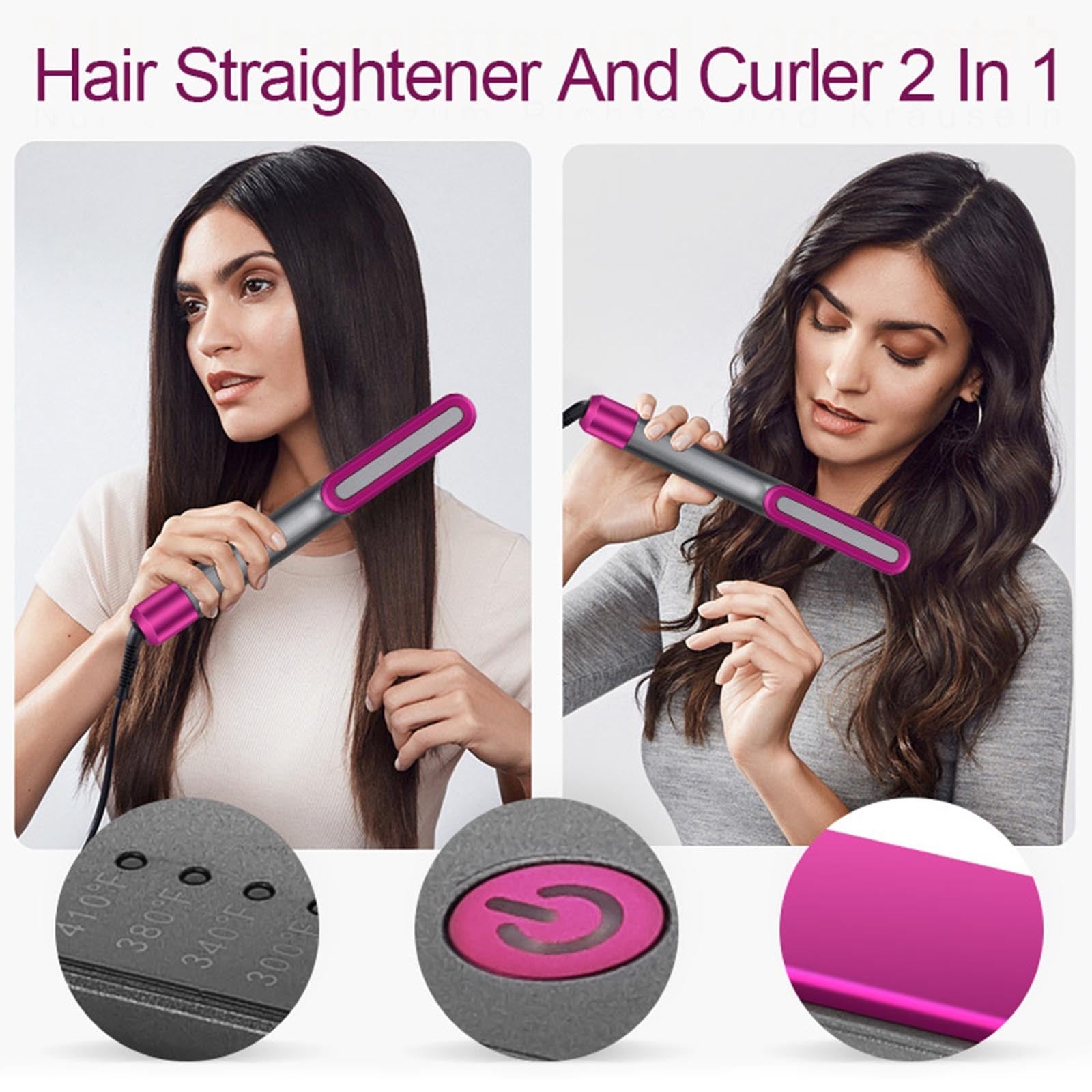 Warm curling hair straightener with dual styling features for straightening and curling hair.
