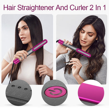 Warm curling hair straightener with dual styling features for straightening and curling hair.