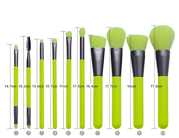 Professional neon makeup brushes set featuring 10 different brush styles with fluorescent green handles and various lengths.