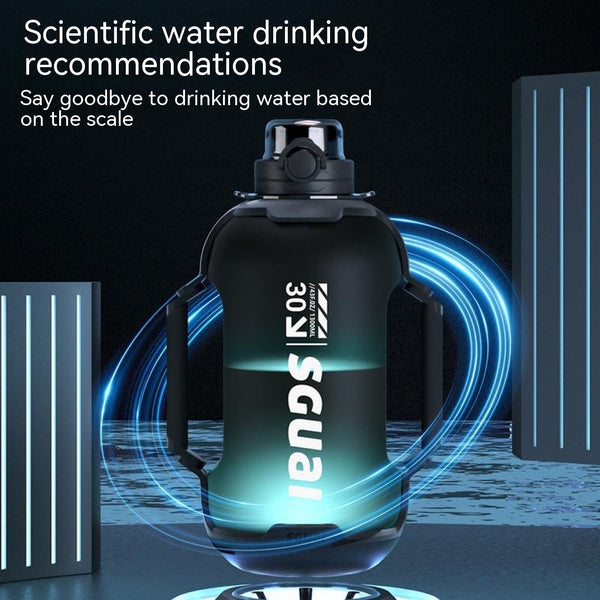 Black water bottle with blue glowing effect on a dark background