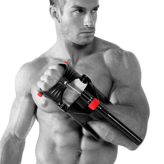 Man holding a black and red exercise device against a white background