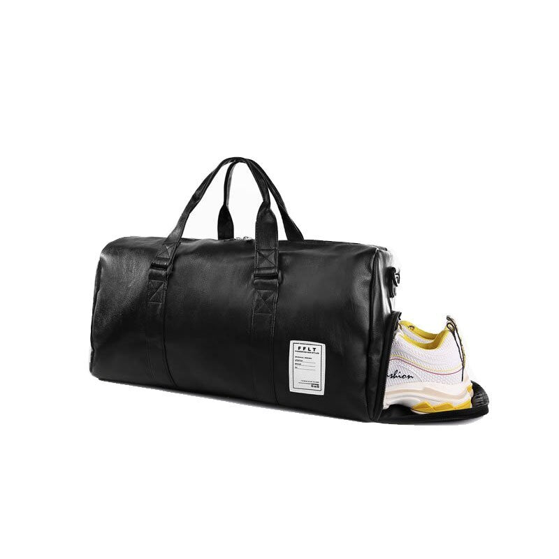 Waterproof sports gym bag with shoes peeking out, stylish black design, durable PU leather construction.