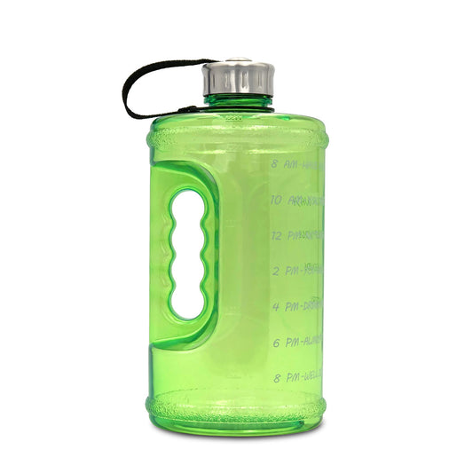 Green water bottle with measurement markings on a white background