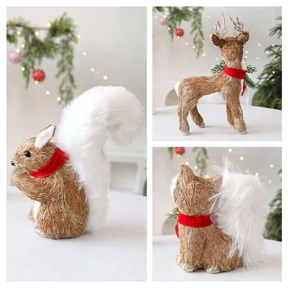Straw Christmas Elk Squirrel Ornaments Christmas Scene Layout