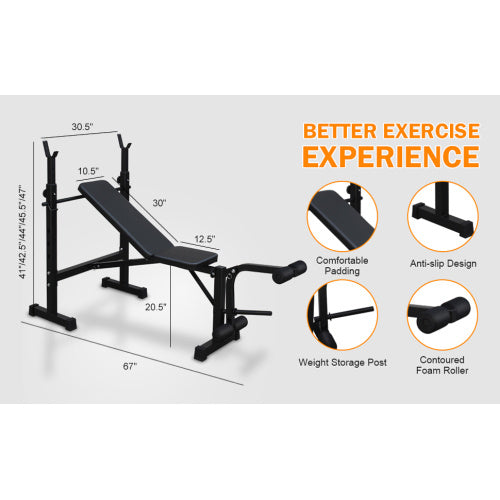 Black weight bench with features and measurements on a gray background